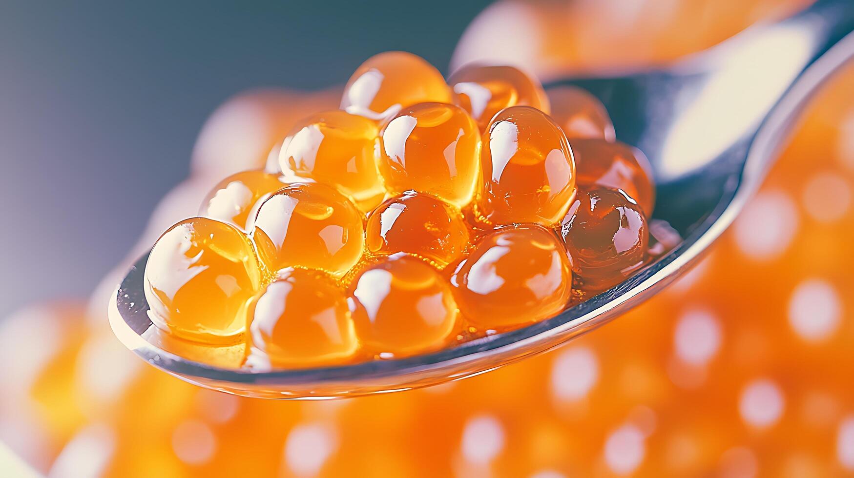 Close up of Salmon Roe on a Spoon, Luxurious Food Detail. photo