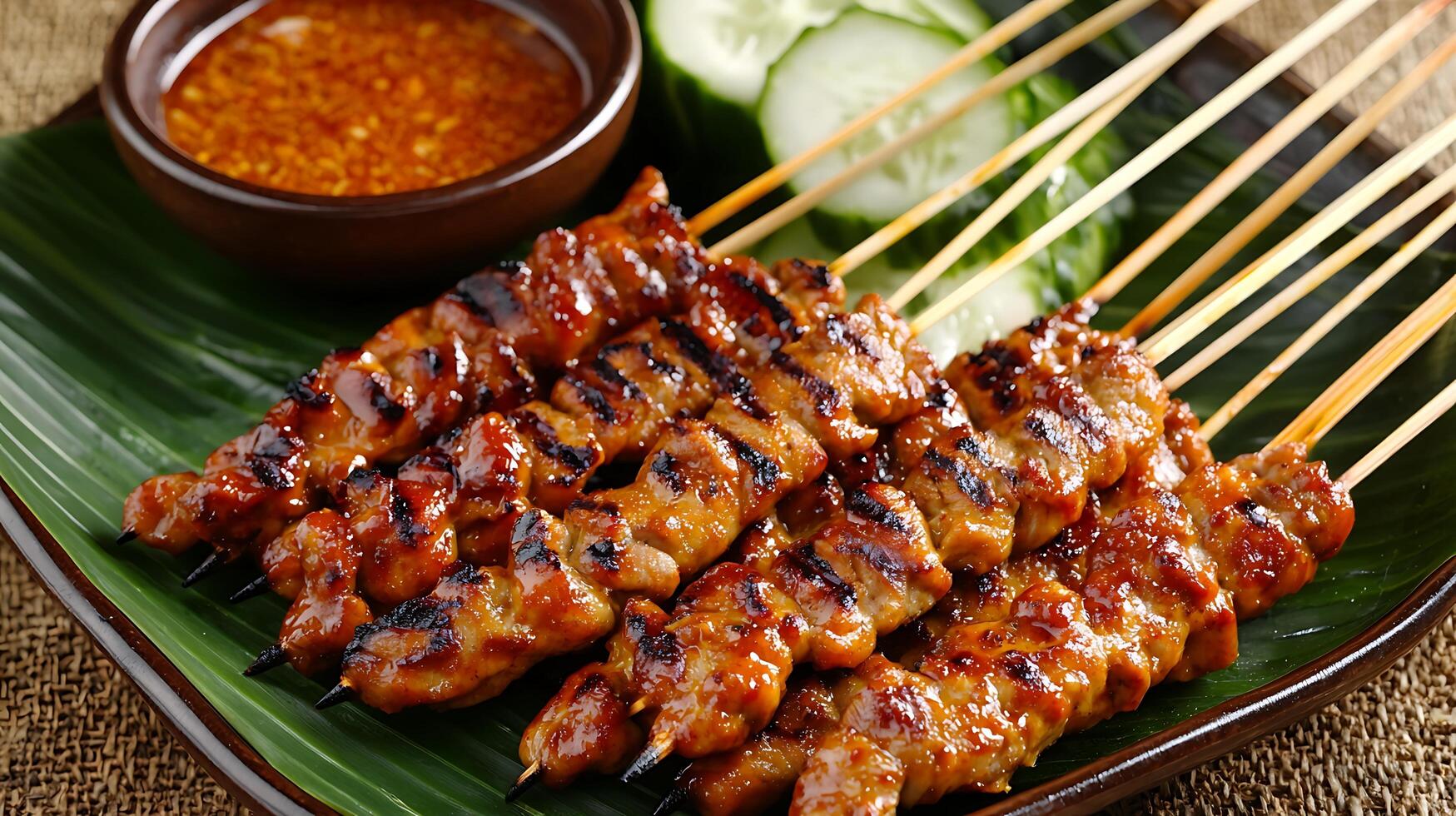 Delicious Grilled Satay Skewers with Peanut Sauce and Cucumber. A close up image of flavorful marinated meat on skewers, perfect for food blogs and restaurant menus. photo