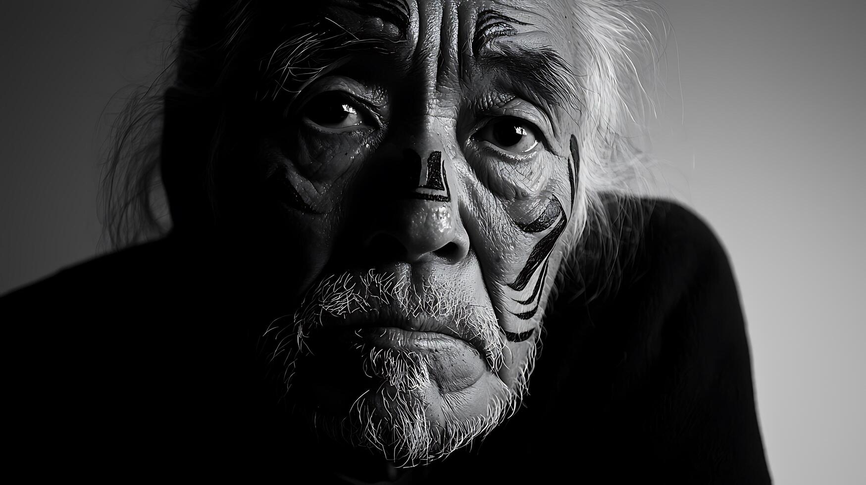 Close up Portrait of a Senior Man with Tribal Face Paint. A Black and White Study of Age and Culture. photo