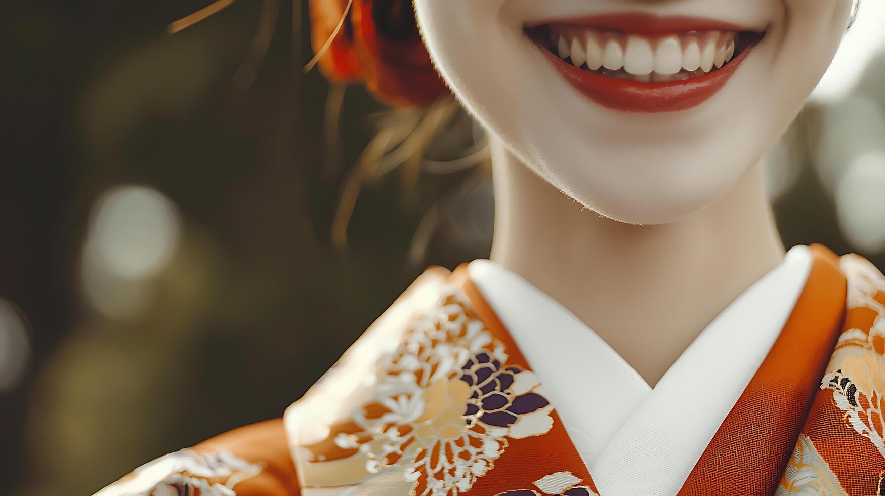 Close Up of a Smiling Woman Wearing a Traditional Japanese Kimono. A detailed image showcasing the intricate details of the garment and a radiant smile. photo