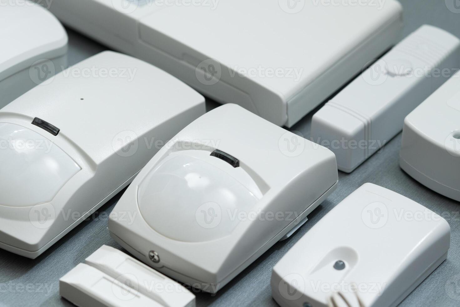 set of security systems for the house on a gray background close-up photo