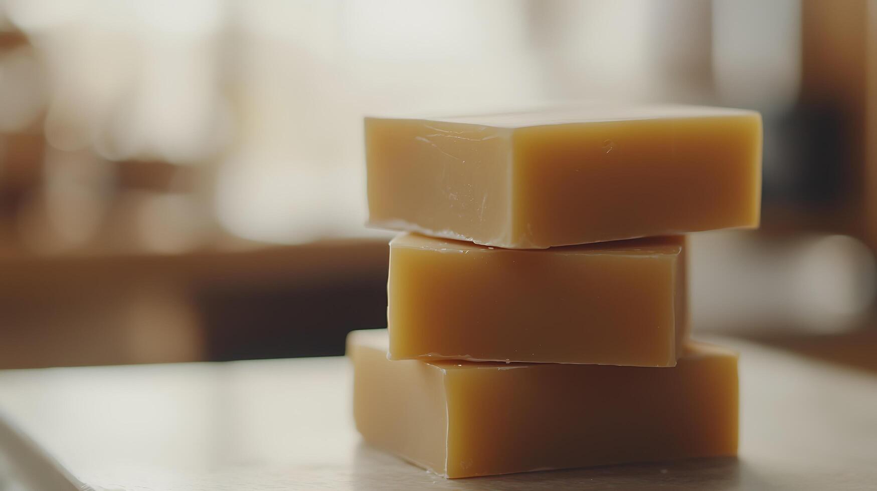 Stack of Three Natural Honey Colored Soap Bars, Close Up. photo