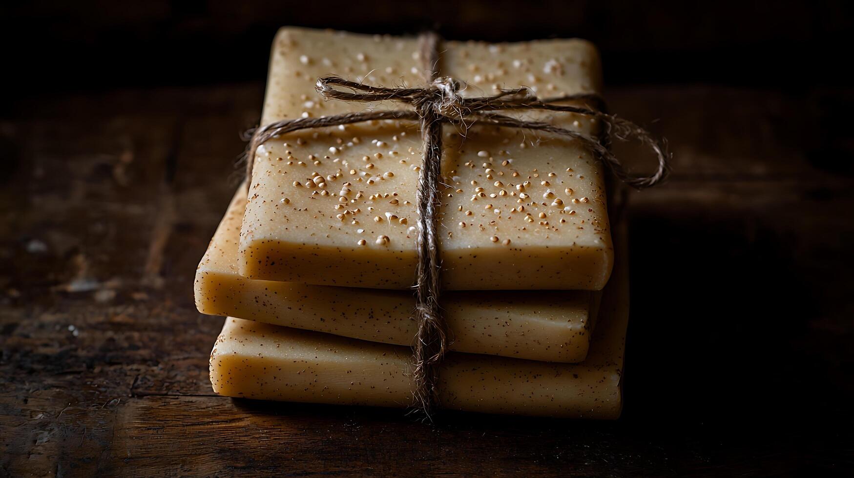 Aromatic Handmade Soap Bars Tied with Twine, Close Up on Rustic Wooden Surface. photo