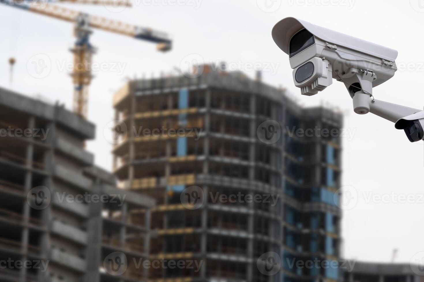 security CCTV camera or surveillance system with construction site on blurry background photo
