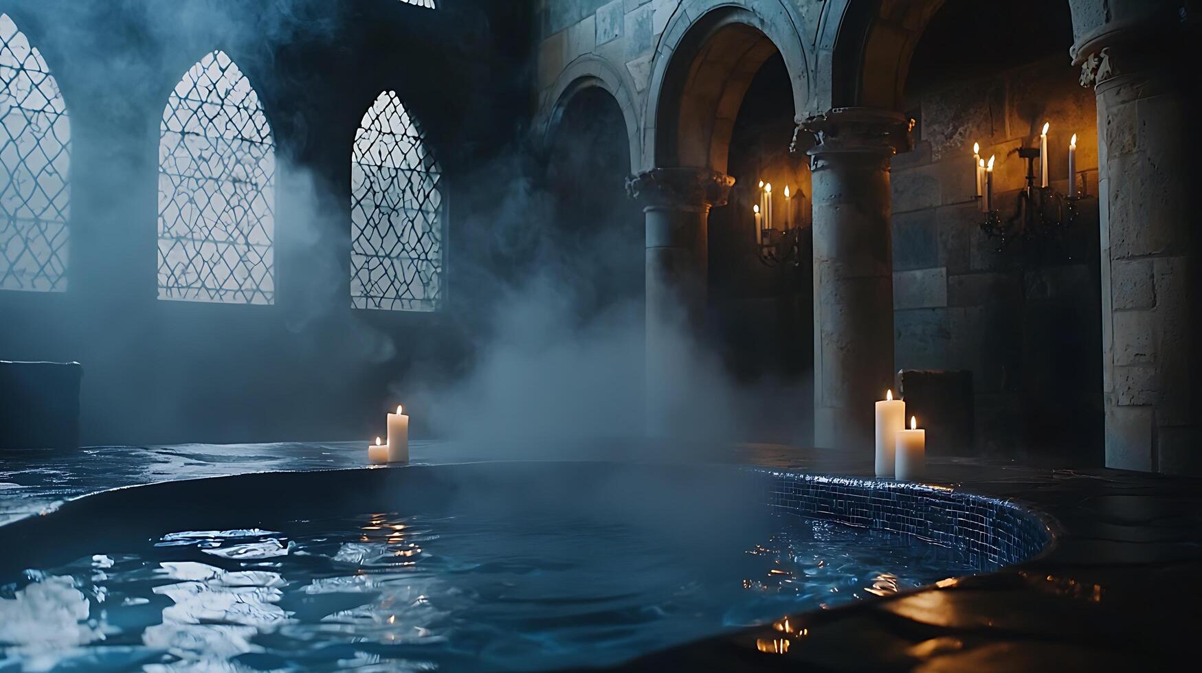 Serene Spa Scene Tranquil Hot Tub with Candles in a Gothic Setting. photo
