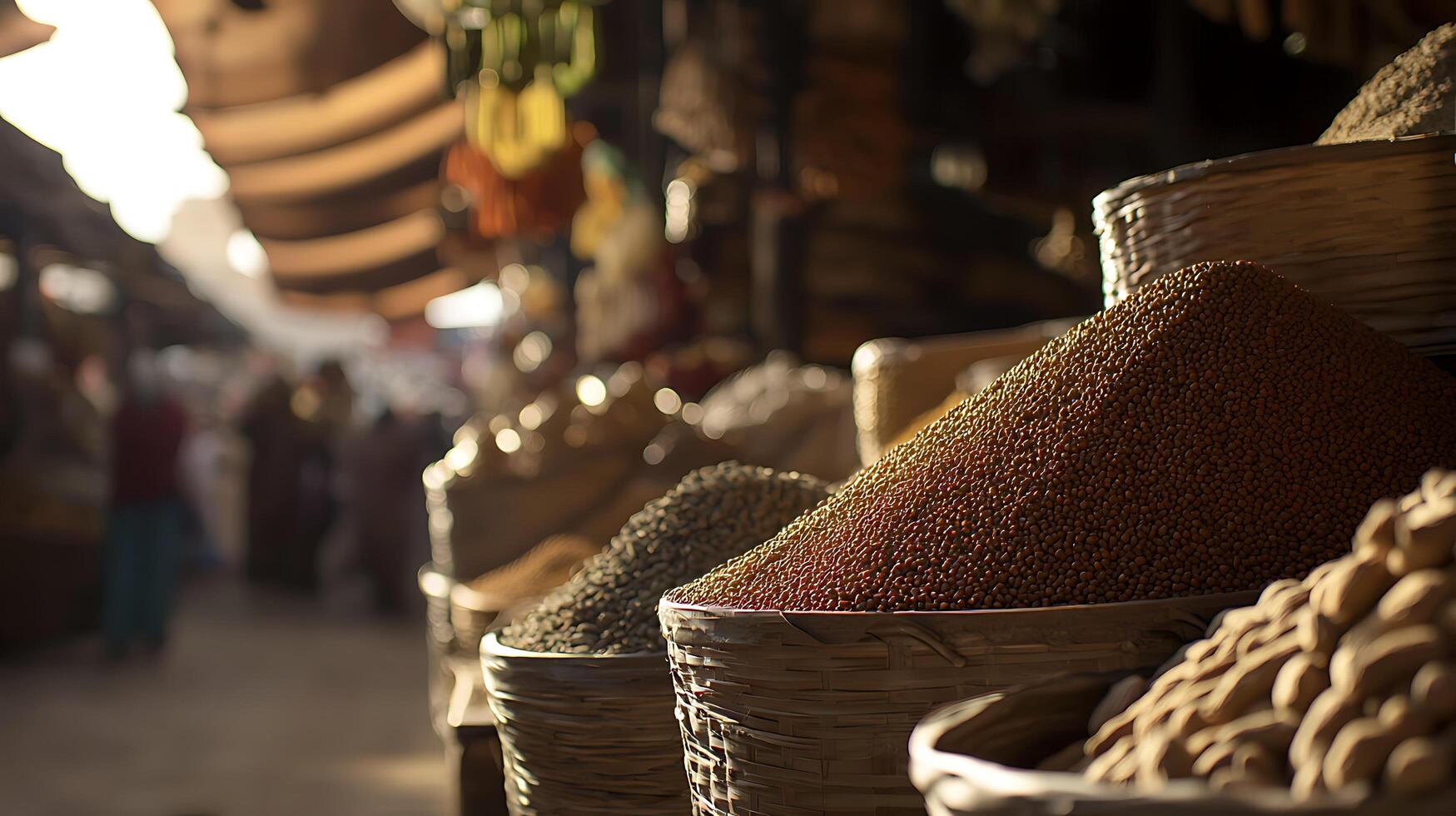 Golden Hour at the Spice Market Close Up of Aromatic Grains and Seeds in Woven Baskets. photo