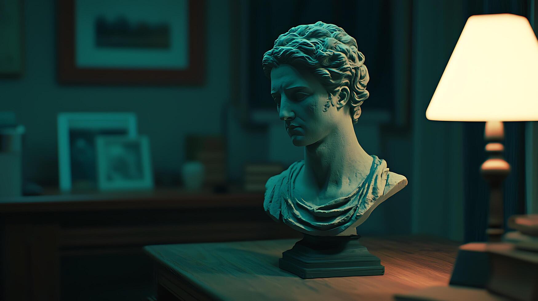 Classical Bust Sculpture on Wooden Table with Warm Lighting. A close up image of an antique looking bust in a dimly lit room. photo