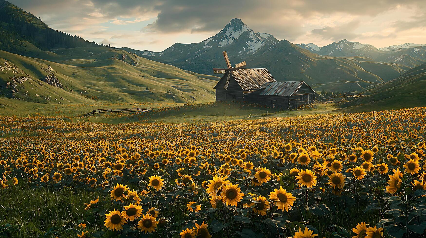 Rustic Farmhouse and Windmill in a Sunflower Field, Mountain Landscape. photo