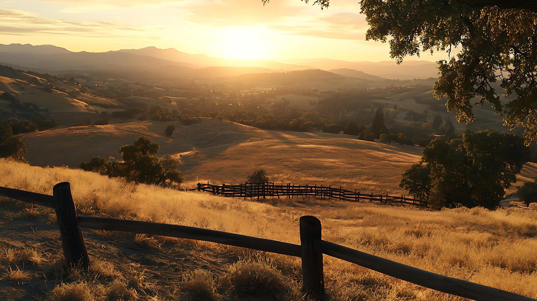 Golden Hour Landscape Rolling Hills and Sunset over Rural Farmland. photo