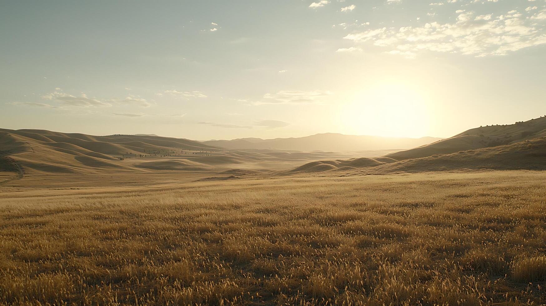 Golden Hour Landscape Rolling Hills and Vast Grassland at Sunset. photo