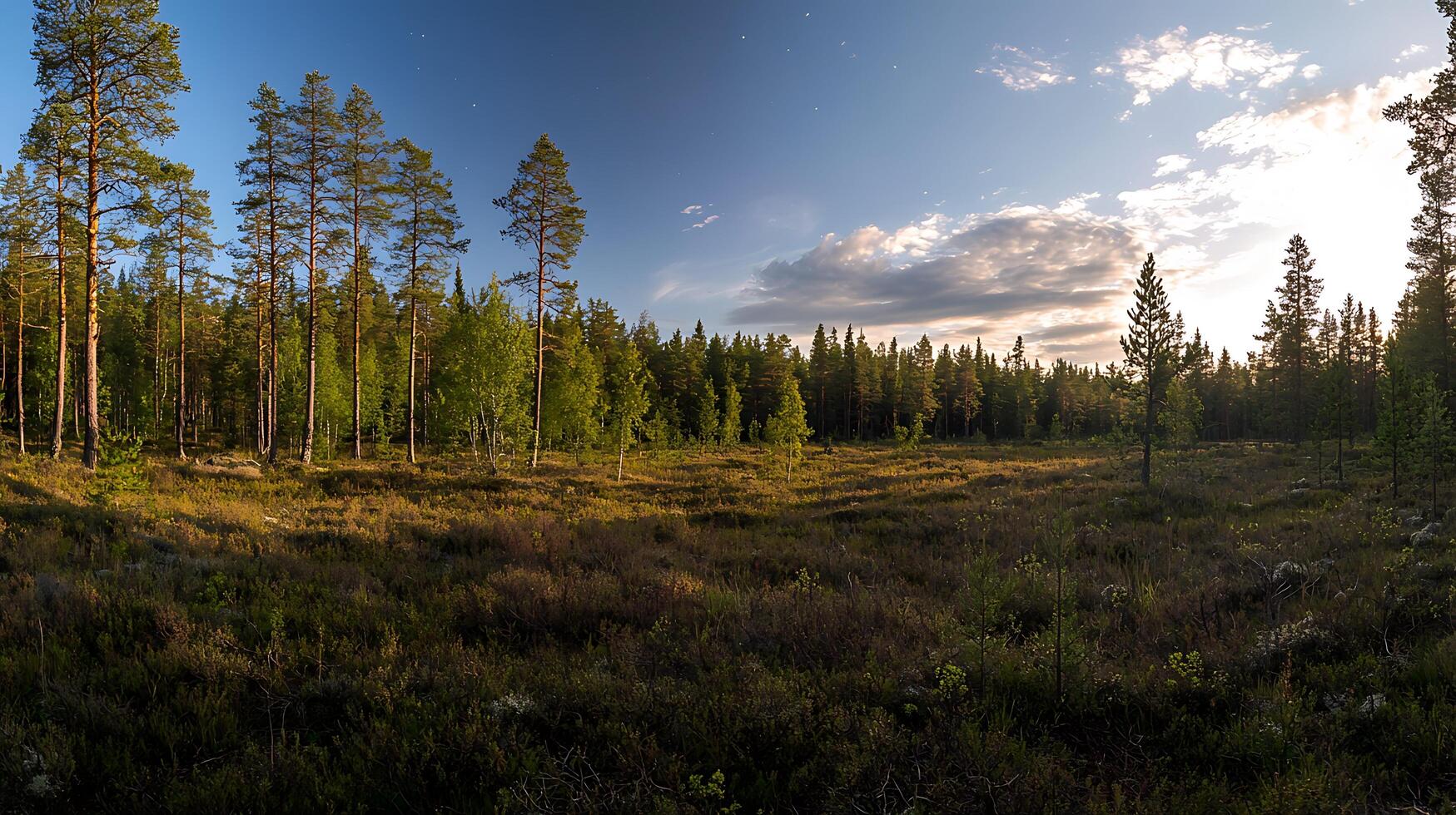 Serene Sunset over a Scandinavian Pine Forest Landscape. photo