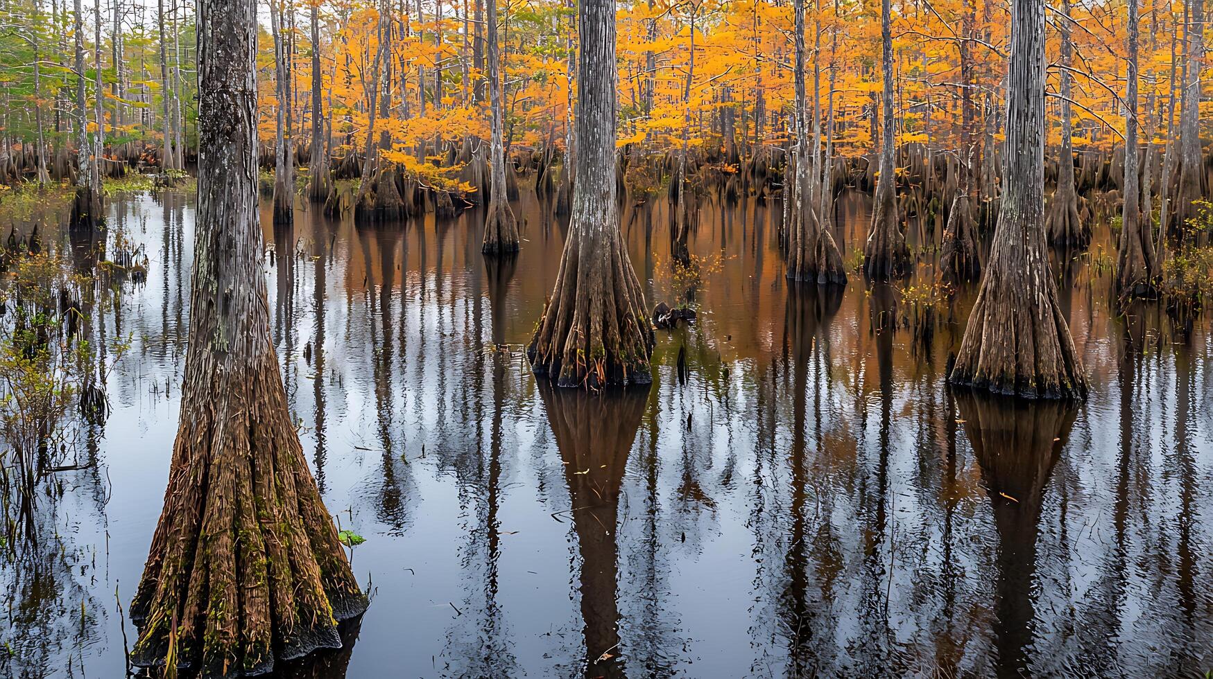 Cypress Trees Reflecting in Still Water, Autumnal Swamp Landscape. photo