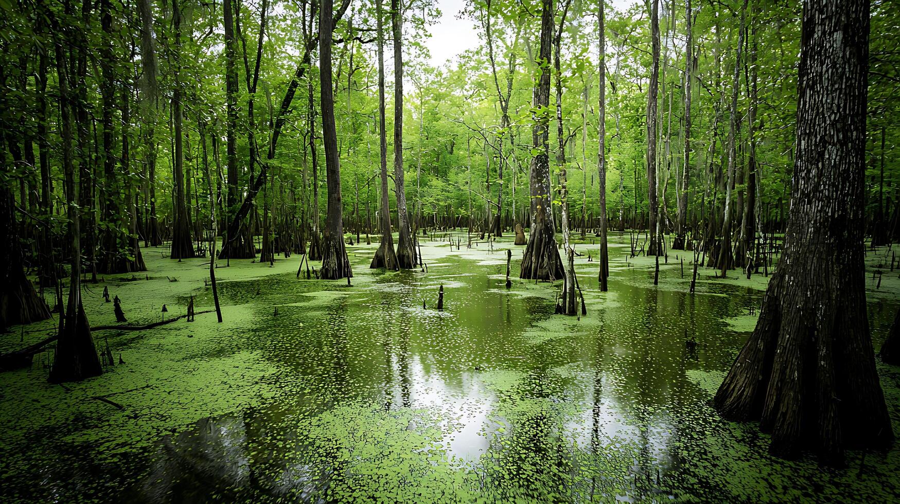 Serene Cypress Swamp Landscape Lush Green Canopy and Still Waters. photo