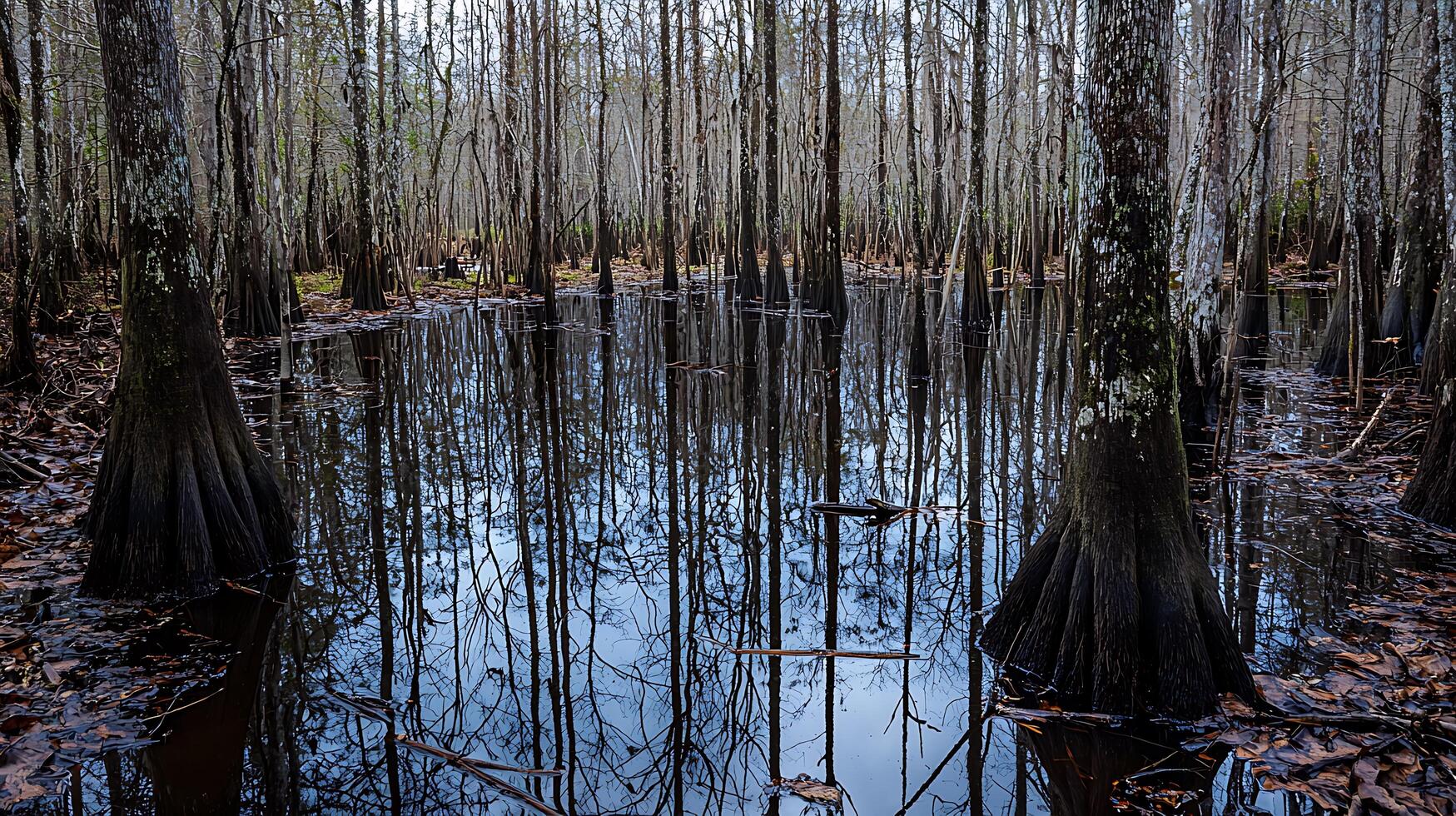 Cypress Trees Reflecting in a Swampy Water, Nature Photography. photo