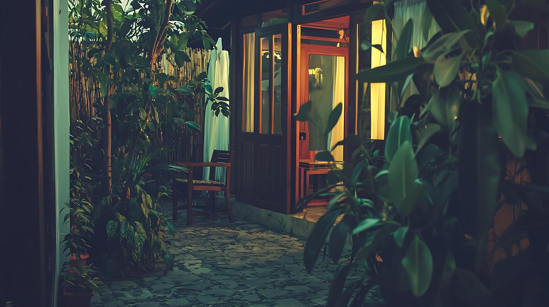 Serene Courtyard Entrance A Tranquil Patio Scene at Dusk. photo