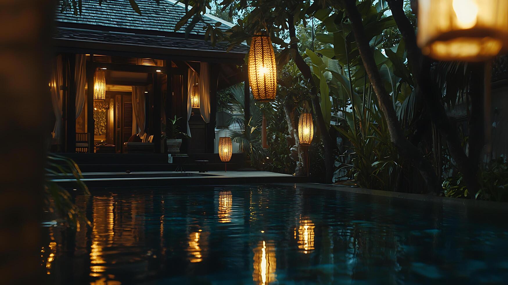 Serene Night at a Tropical Resort Illuminated Pool and Private Villa. photo