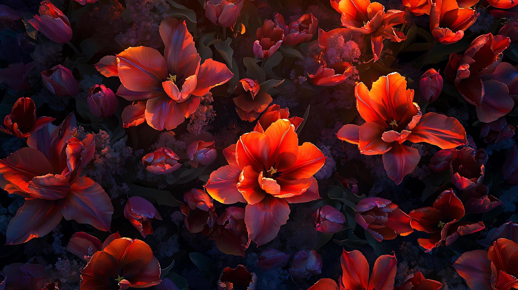 A Close Up of Vibrant Red Tulips in Dramatic Lighting. The image showcases the intricate details of the blooms. photo