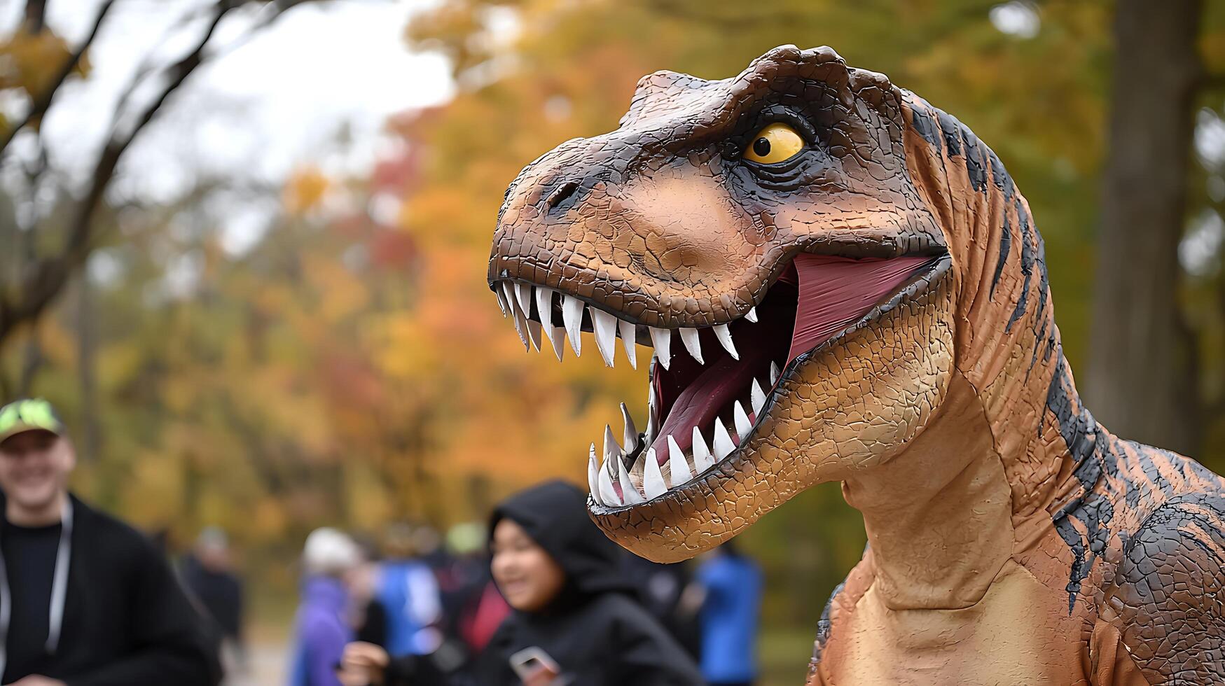 Close Up of a Realistic Tyrannosaurus Rex Costume in an Autumnal Setting. photo