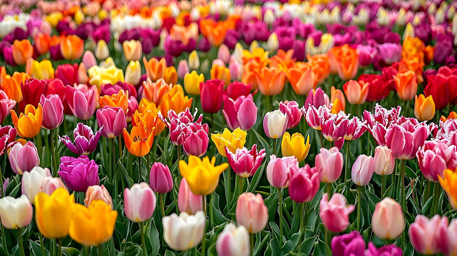 Vibrant Field of Colorful Tulips in Full Bloom. A close up view of a multitude of tulips in various colors. photo
