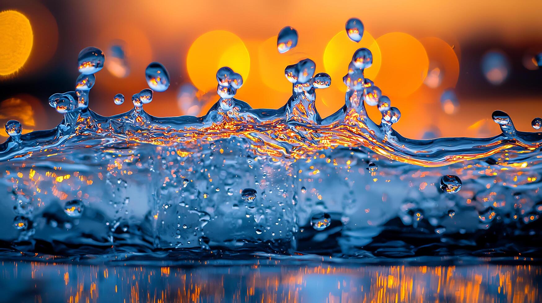 Abstract Water Splash with Vibrant Orange Bokeh Background. A close up image of water droplets creating a dynamic splash against a backdrop of blurred orange lights. photo