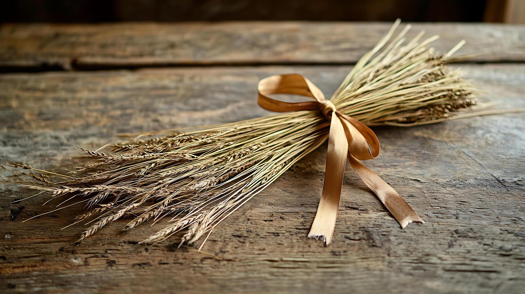 Rustic Still Life A Bundle of Wheat with a Golden Ribbon on Weathered Wood. photo