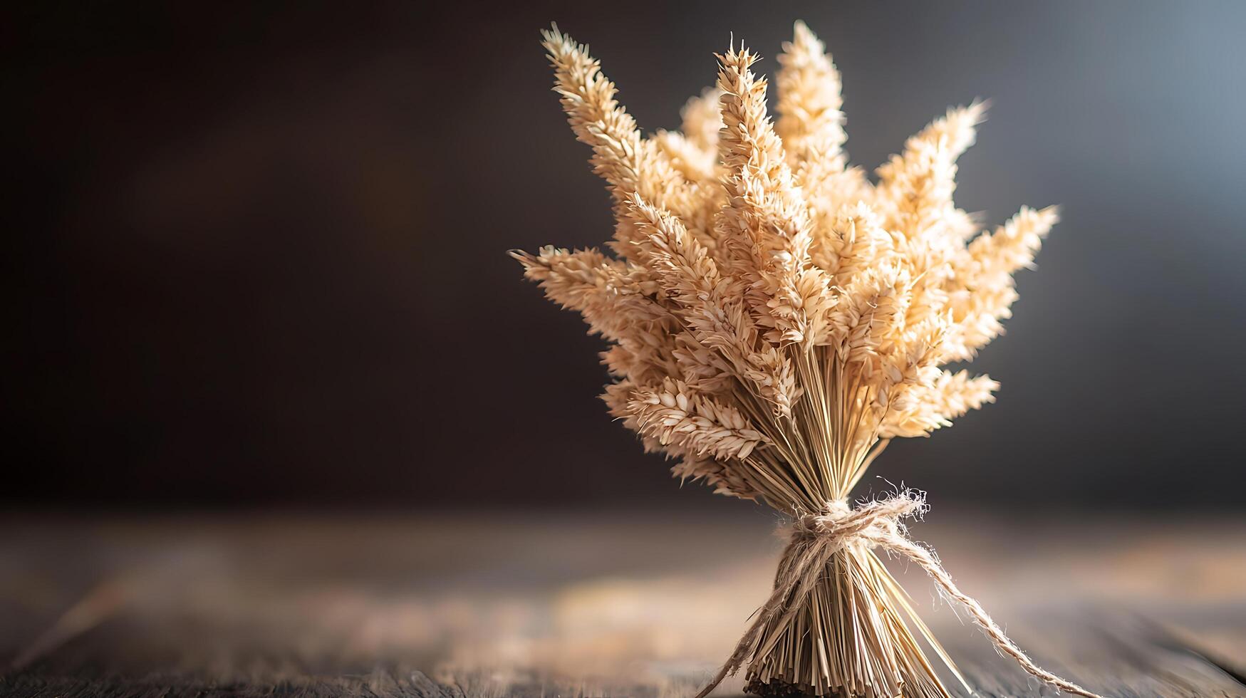 A Rustic Still Life Dried Wheat Sheaves on Wooden Surface. photo
