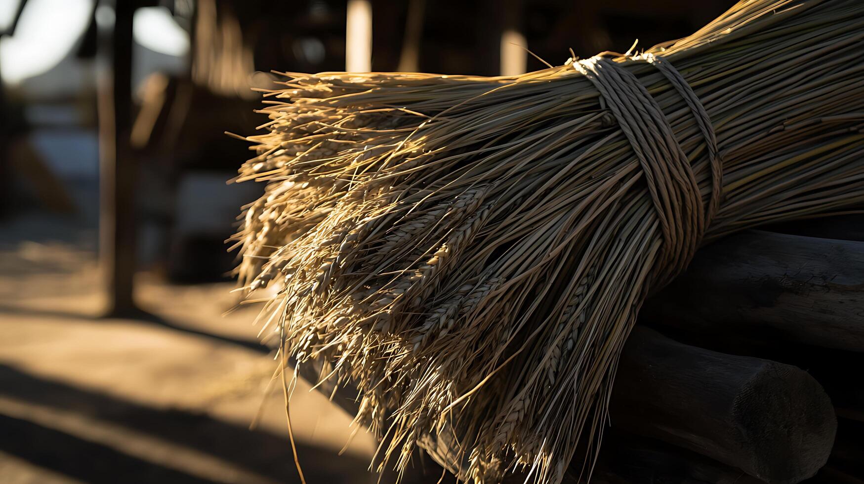 Golden Wheat Sheaf Resting on Wooden Logs at Sunset. A close up image of harvested wheat, tied together and placed on rustic wood. photo