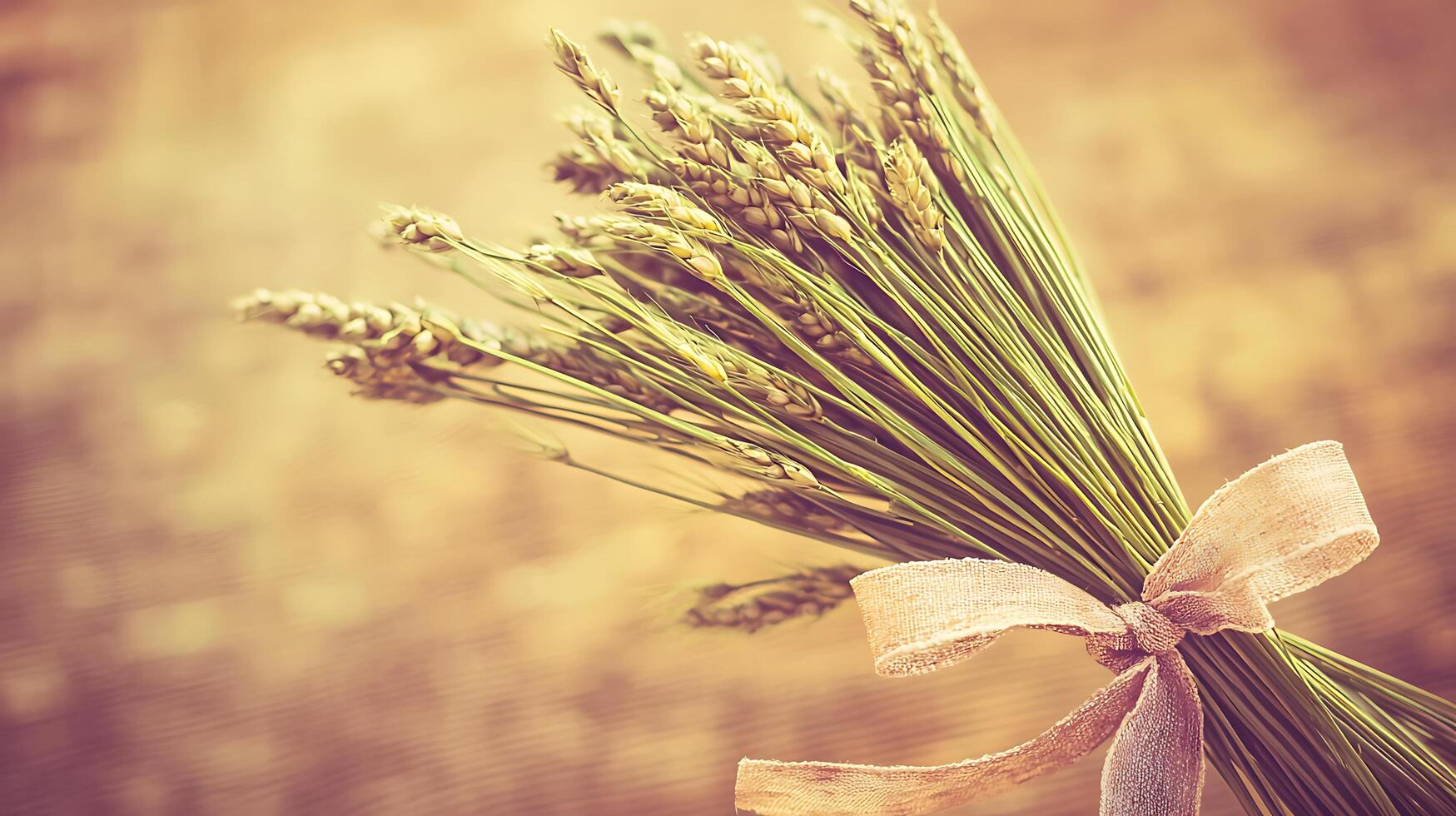 A Rustic Bouquet of Wheat Stalks Tied with a Burlap Ribbon. photo