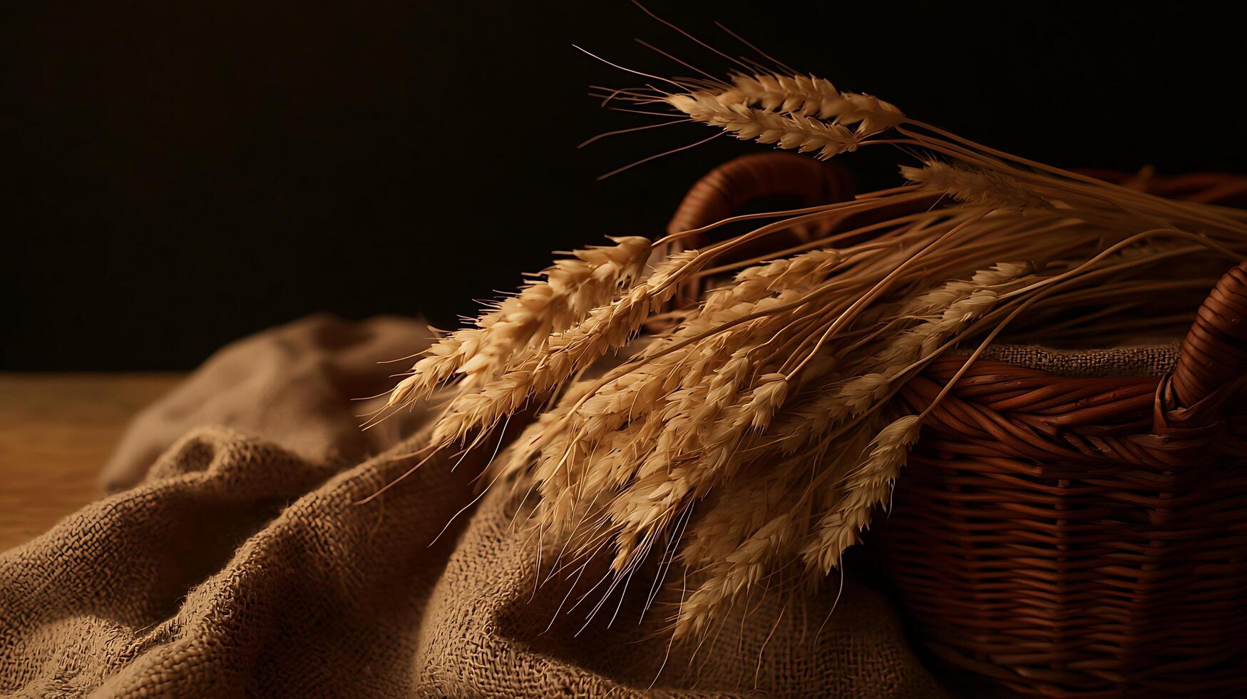 Golden Wheat Stalks in a Rustic Brown Basket on Burlap. A close up image of dried wheat in a wicker basket, set against a burlap cloth. photo
