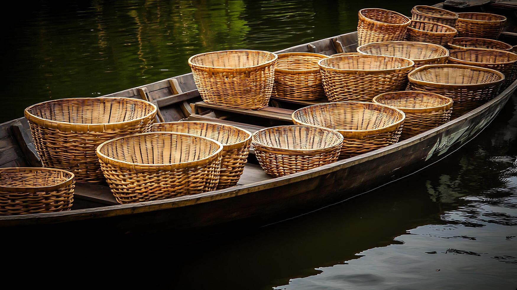 Wooden Boat Filled with Wicker Baskets on Calm Water. A collection of empty woven baskets sits in a rustic wooden boat, gently floating on a dark still body of water. photo