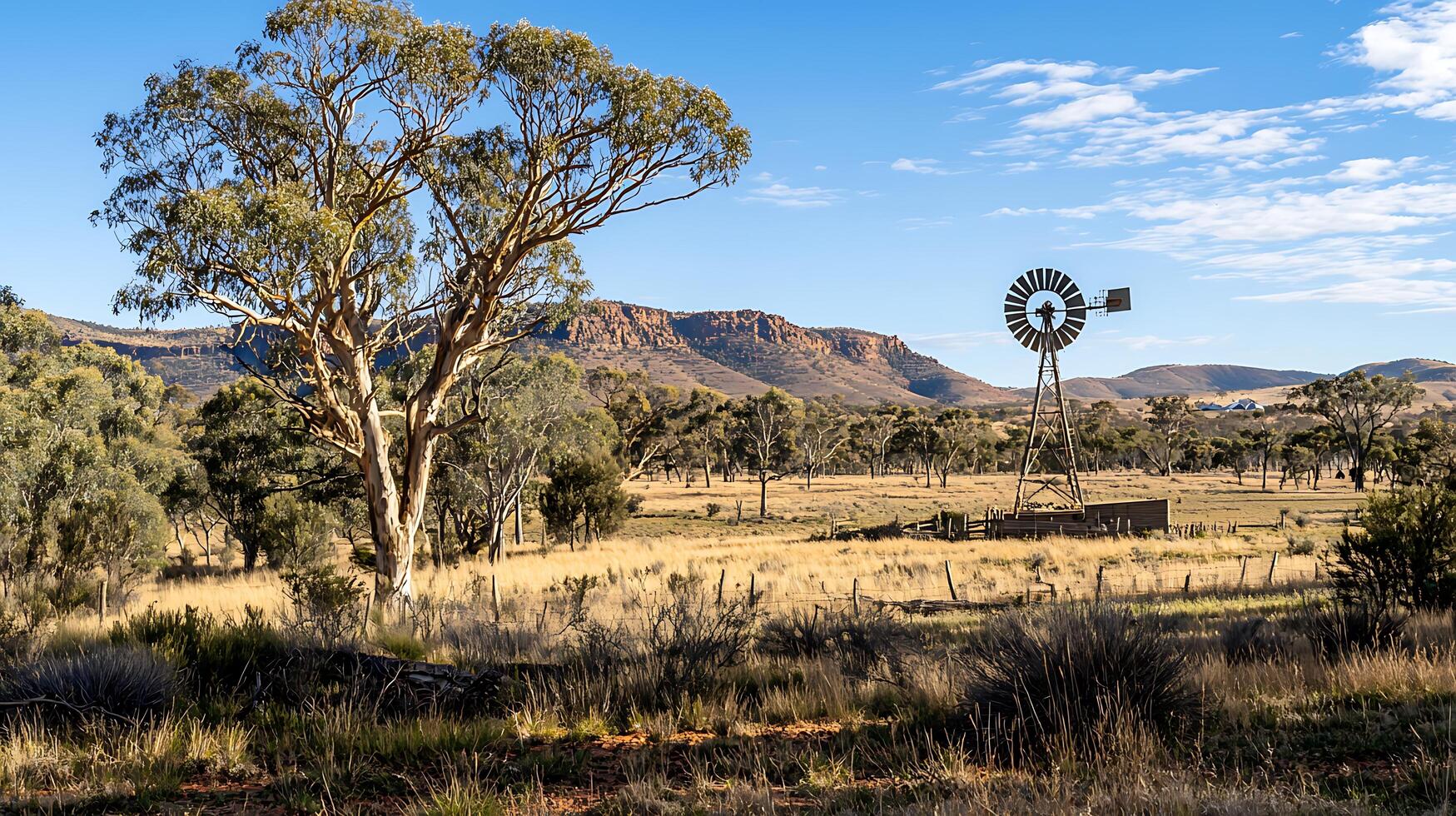 Australian Outback Landscape with Windmill and Eucalyptus Tree. A picturesque scene of rural Australia featuring a weathered windmill, native trees, and distant mountains under a clear sky. photo