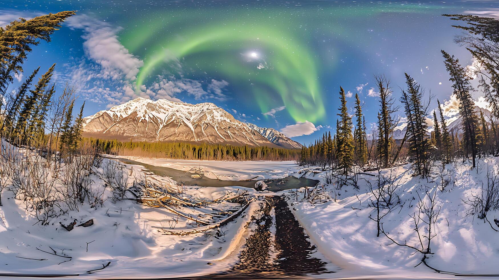 Panoramic Winter Landscape with Northern Lights Display over Snowy Mountains and Frozen River. photo