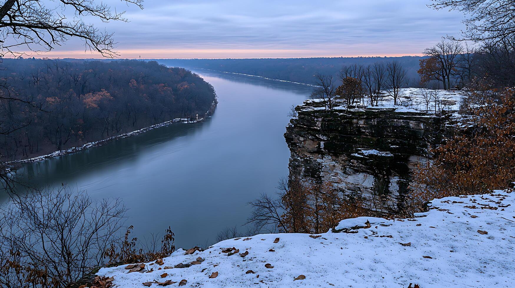 Serene Winter River Landscape Cliffside View at Dawn. photo