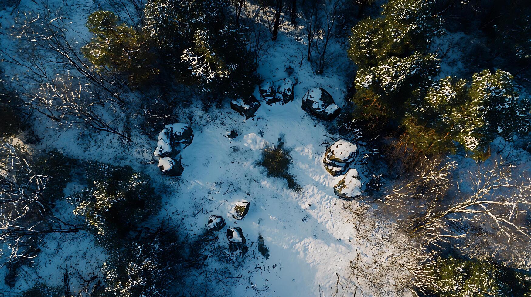 Aerial View of Stone Circle in Snowy Winter Forest. A breathtaking overhead shot showcasing a mysterious stone arrangement nestled within a snow-covered woodland. photo