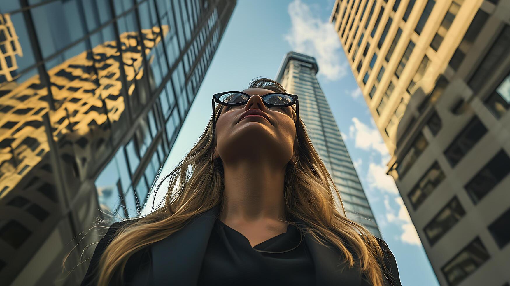 Woman in Business Attire Looking Upward in Modern Cityscape. A low angle shot emphasizes ambition and success. photo