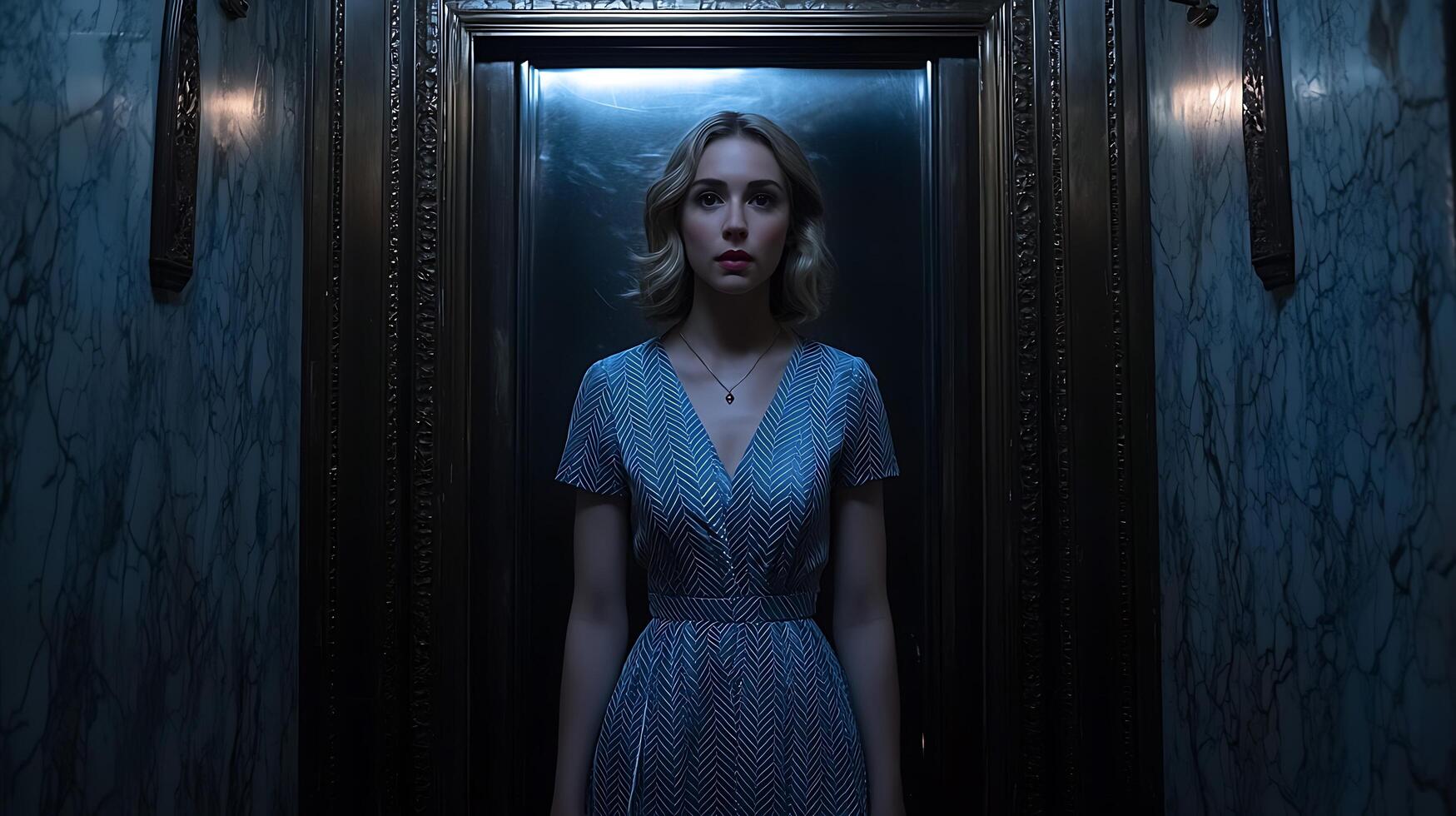 Elegant Woman in Blue Dress Standing in an Ornate Elevator. A mysterious and stylish portrait. photo