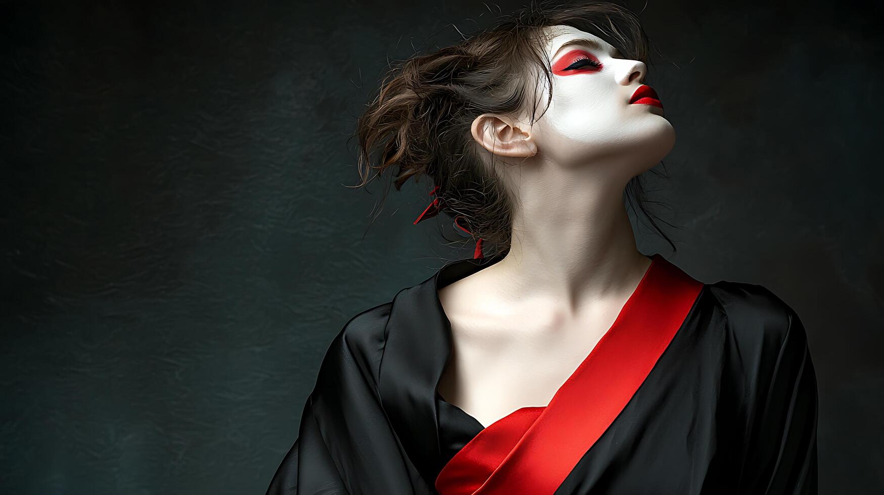 Elegant Woman in Black Kimono with Red Obi, Dramatic Geisha Inspired Makeup. photo
