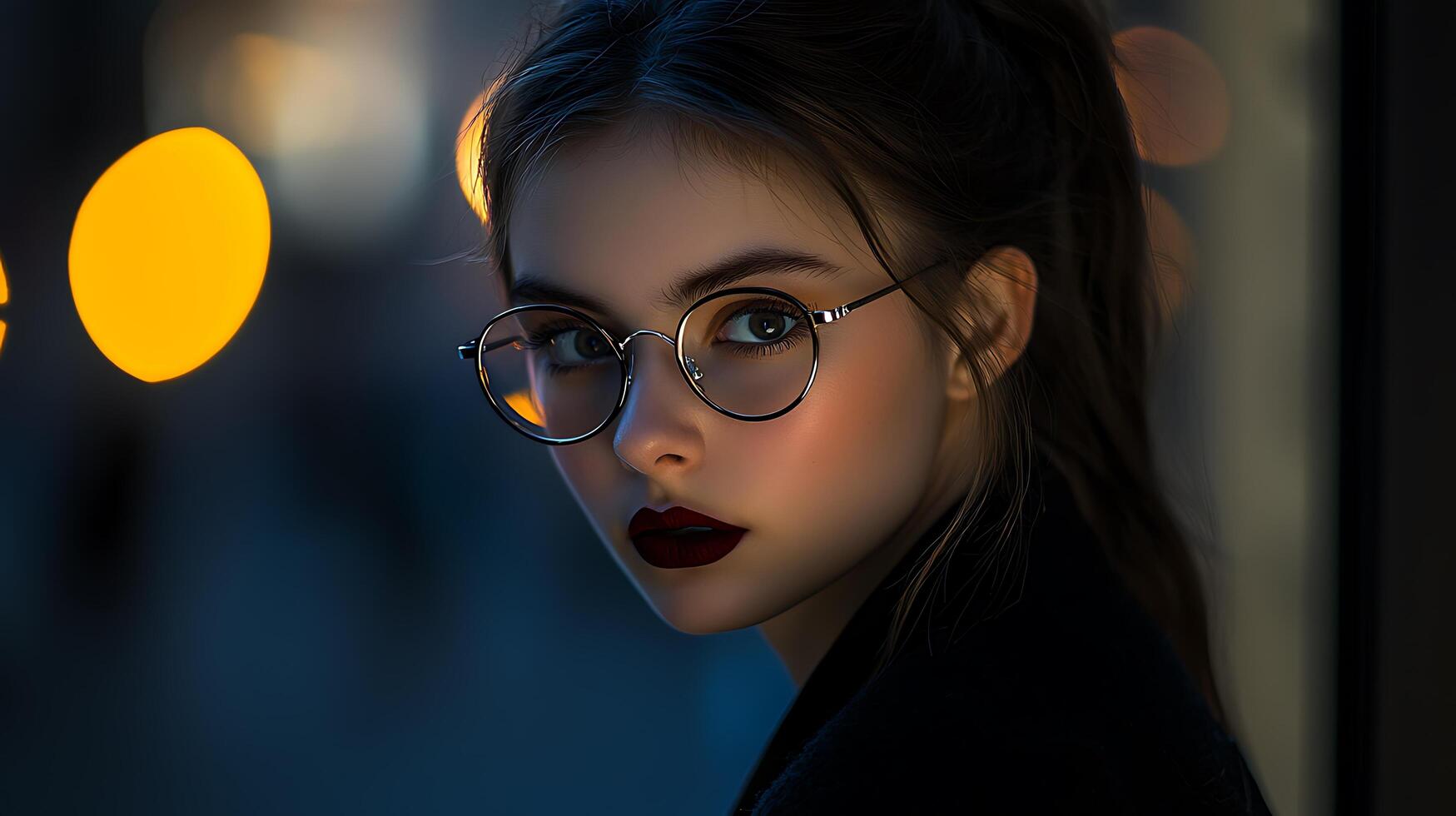 Close Up Portrait of a Young Woman with Glasses and Dark Lipstick, Illuminated by Warm Lights. photo