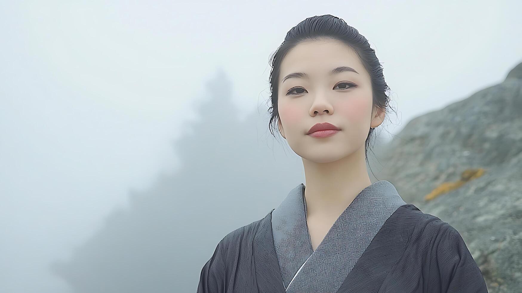 Serene Woman in Traditional Japanese Kimono Against a Misty Mountain Background. photo