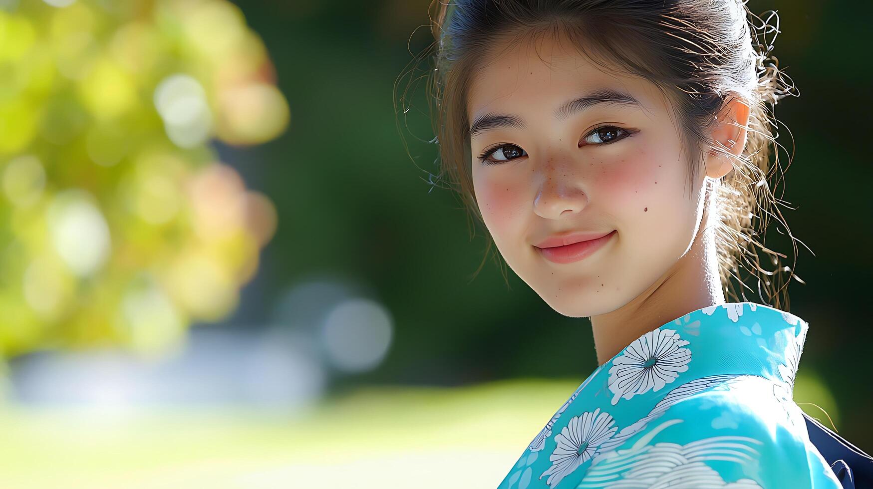 Portrait of a Young Woman in a Floral Yukata, Summer in Japan. photo