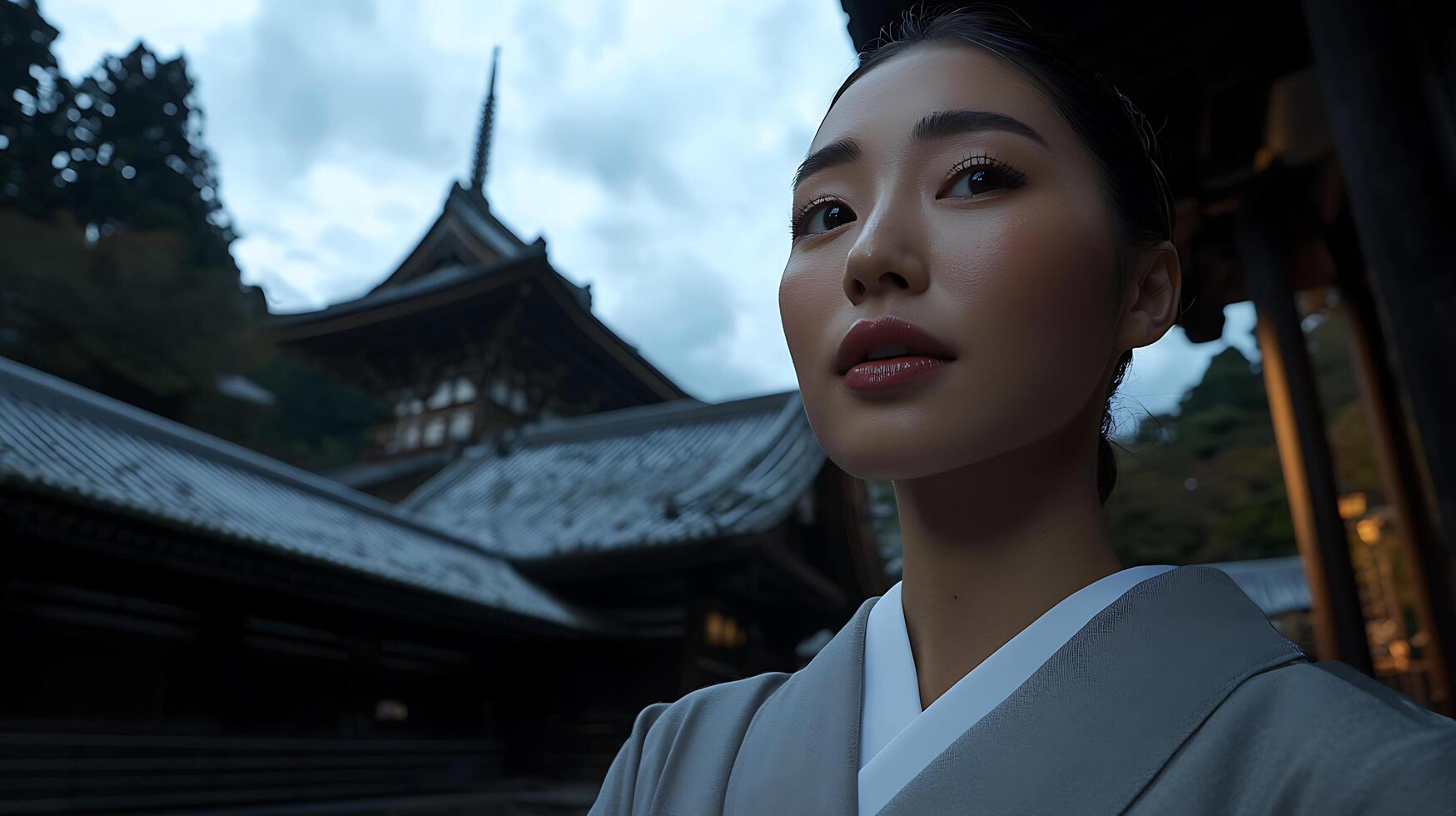 Serene Beauty in a Japanese Kimono A Woman Gazes at an Ancient Temple. photo