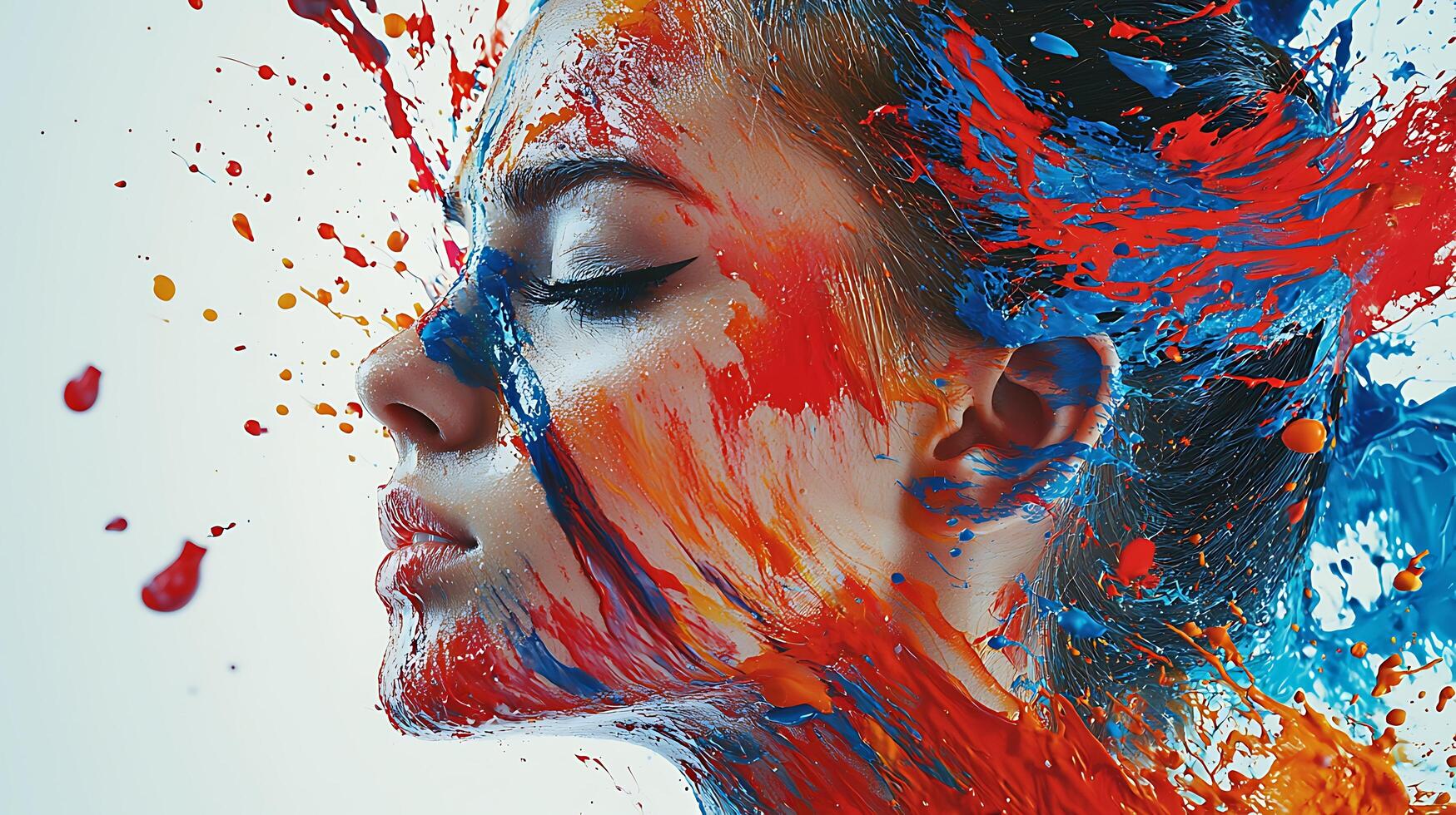 Abstract Portrait of a Woman Immersed in a Colorful Paint Explosion. photo