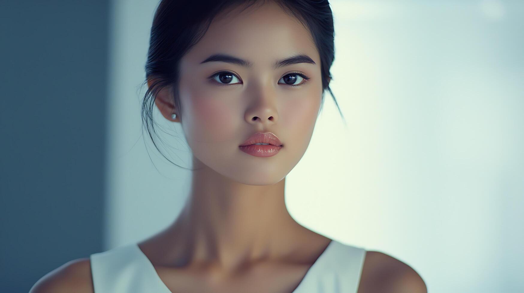 Close up portrait of a young Asian woman with flawless skin and subtle makeup, looking directly at the camera. photo