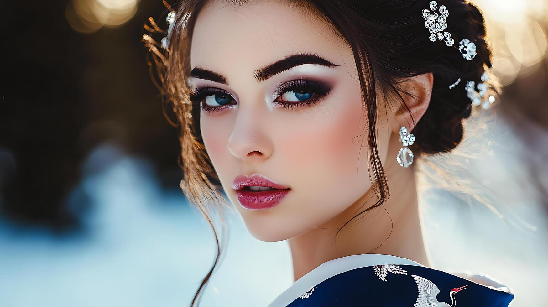 Close Up Portrait of a Beautiful Woman in a Kimono, Winter Setting. photo