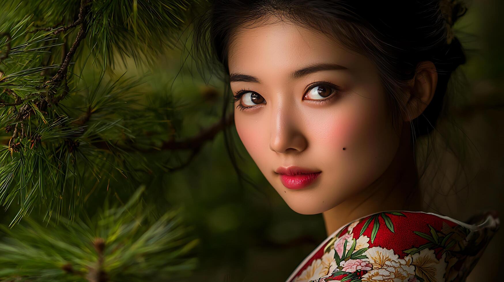 Close up portrait of a young woman in a floral kimono, partially obscured by pine branches. photo