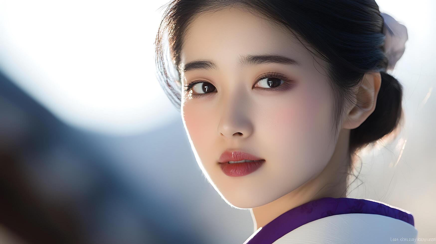 Close up portrait of a young woman with dark hair, wearing a traditional Asian garment. photo
