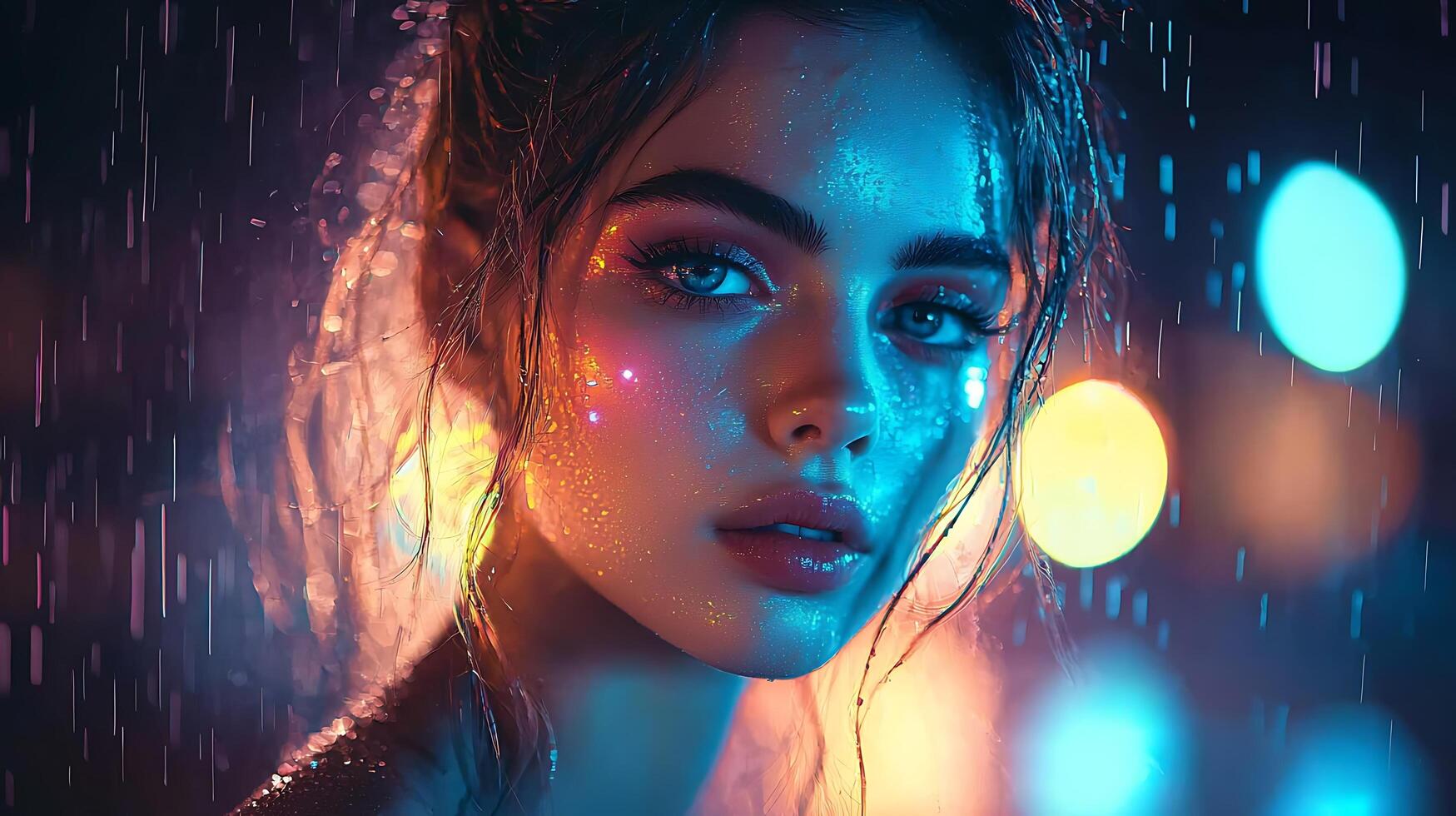 Close up portrait of a woman with colorful makeup in the rain at night. photo