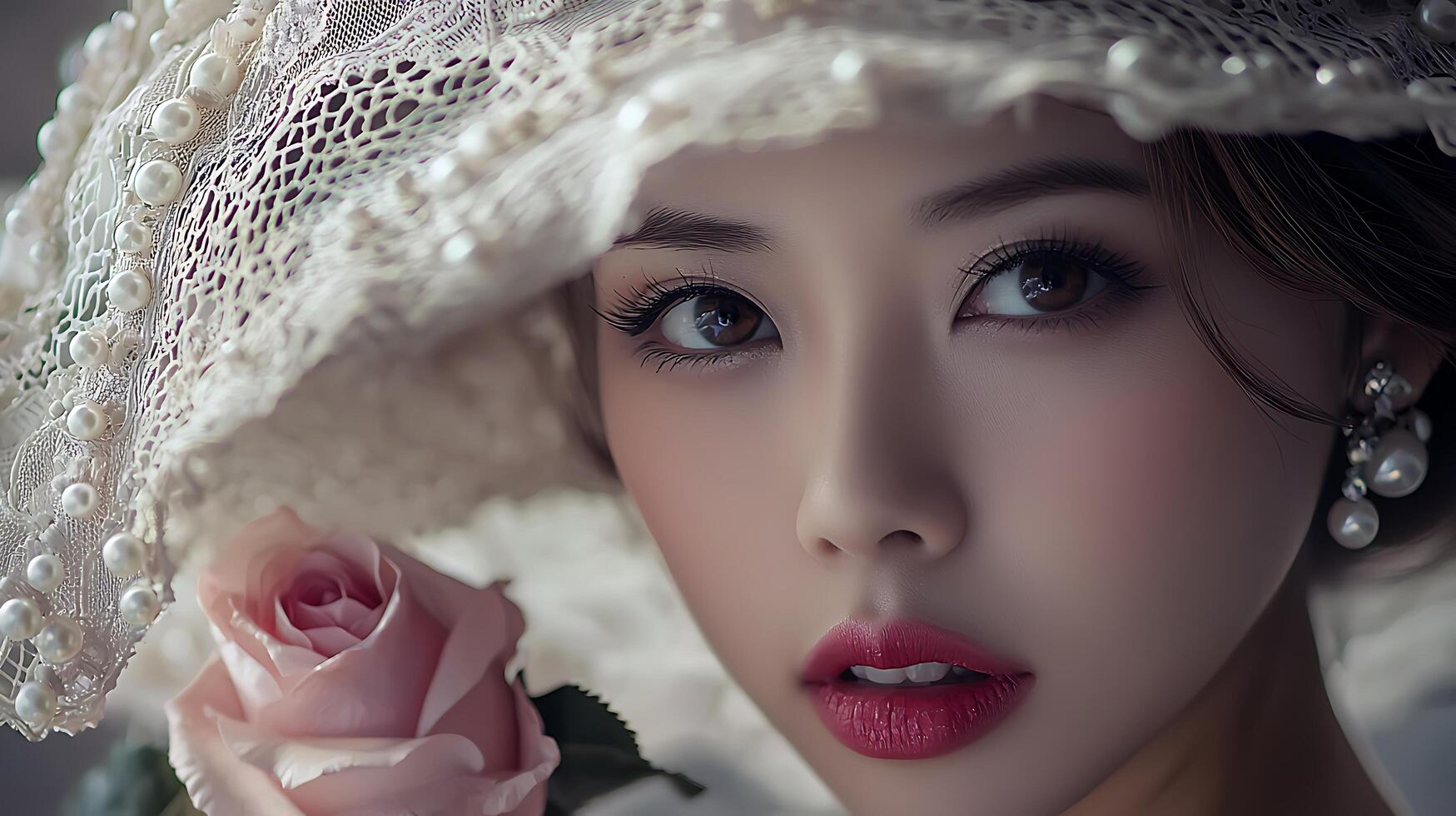 Close up Portrait of a Woman in a Lacy Hat with a Pink Rose. A dreamy, romantic image evoking elegance and femininity. photo