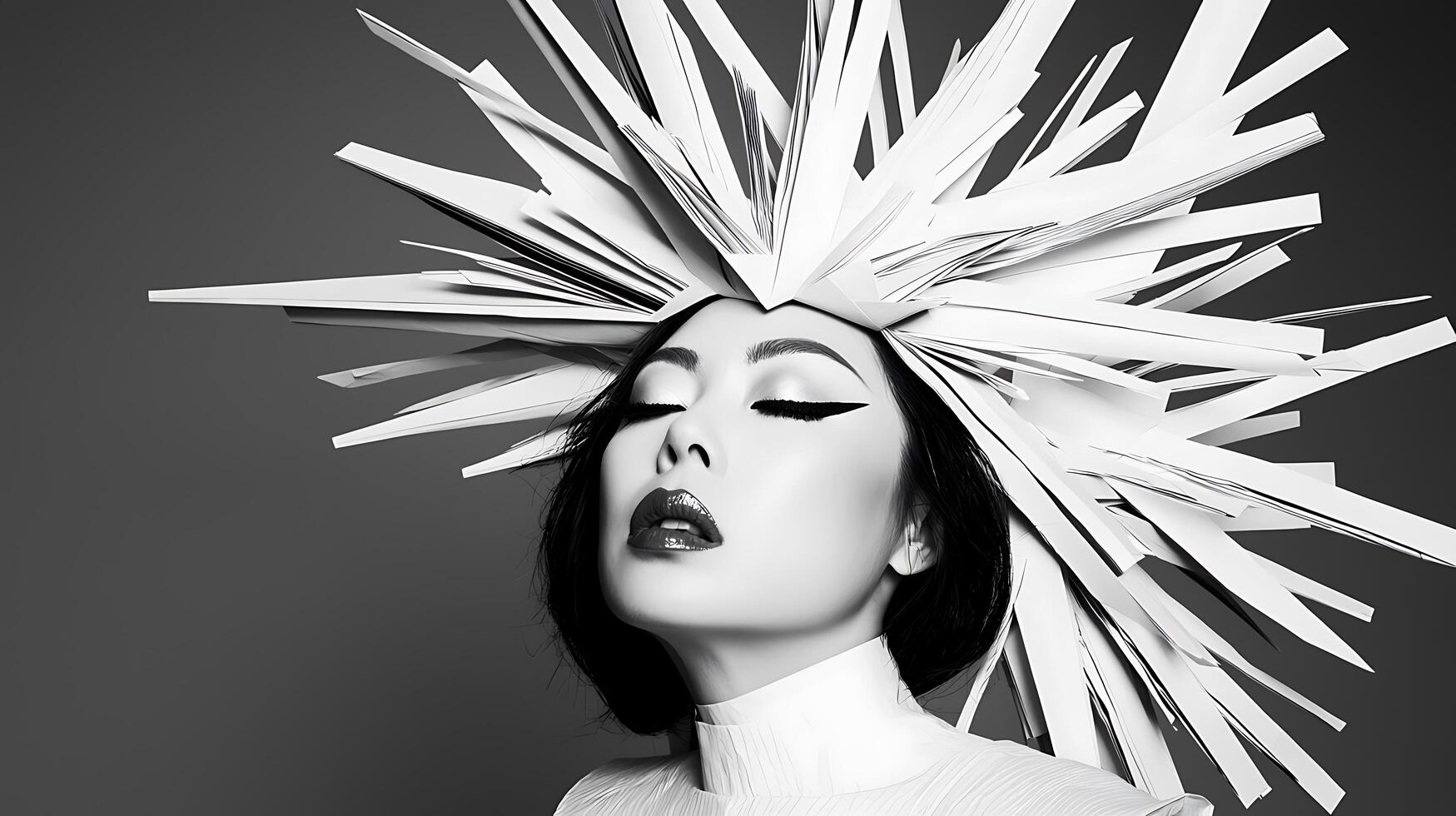 Monochrome Portrait of a Woman with an Abstract Paper Headpiece. photo