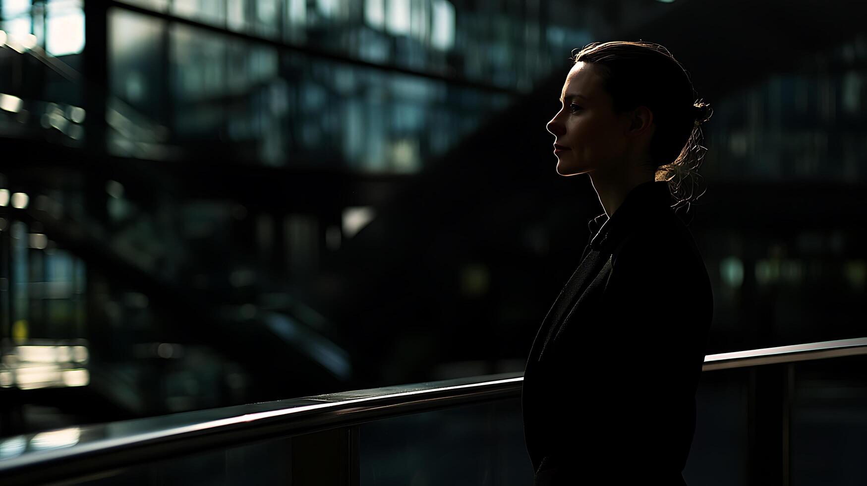 Silhouetted Woman Contemplating in Modern Cityscape. A dramatic portrait of a woman standing by a glass railing, bathed in sunlight. photo